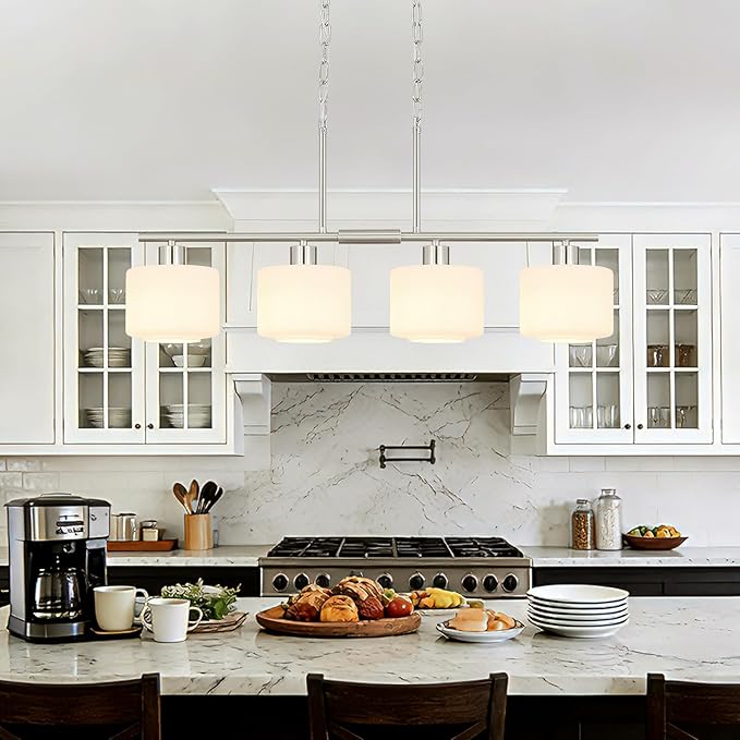 4-Light Brushed Nickel Kitchen Island Lighting, Modern Linear Dining Room Chandelier Light Fixtures with Milk Glass and Chain, Mid Century Hanging Lights for Kitchen Island, OS-YQ8153-4ISBNW