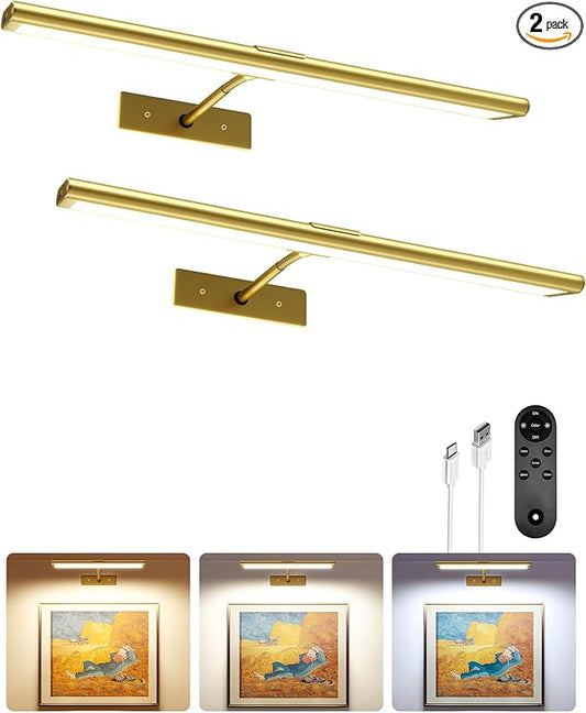 EZVALO Picture Light for Wall, 4800mAh Rechargeable Wireless Remote, Dimmable Magnetic LED Art Display Light with 3 Color Temperatures, for Gallery, Living Room, Bedroom, Hallway (Gold-2Pack)