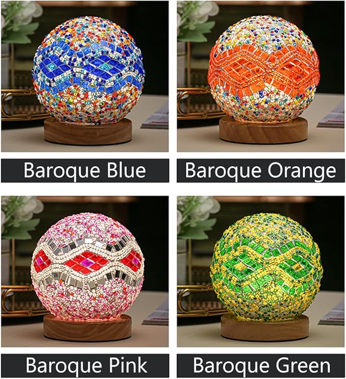 Turkish Table lamp (D:4.7" x H:5.2"),Mosaic Glass Lamps with Wooden Base, Bohemian Tiffany Bedside Lamps, USB power Moroccan Lantern for Living Room Halloween Decorations (Baroque - Pink, Baroque)