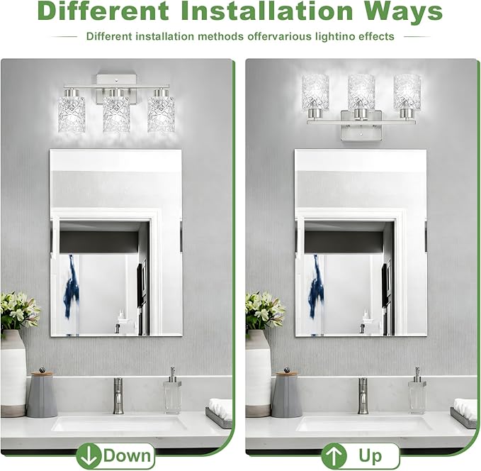 Brushed Nickel Bathroom Light Fixtures, 3-Light Modern Bathroom Vanity Wall Light, Vanity Lights for Mirror, Wall Sconces with Clear Textured Glass (E26 Socket, Bulbs Not Included)