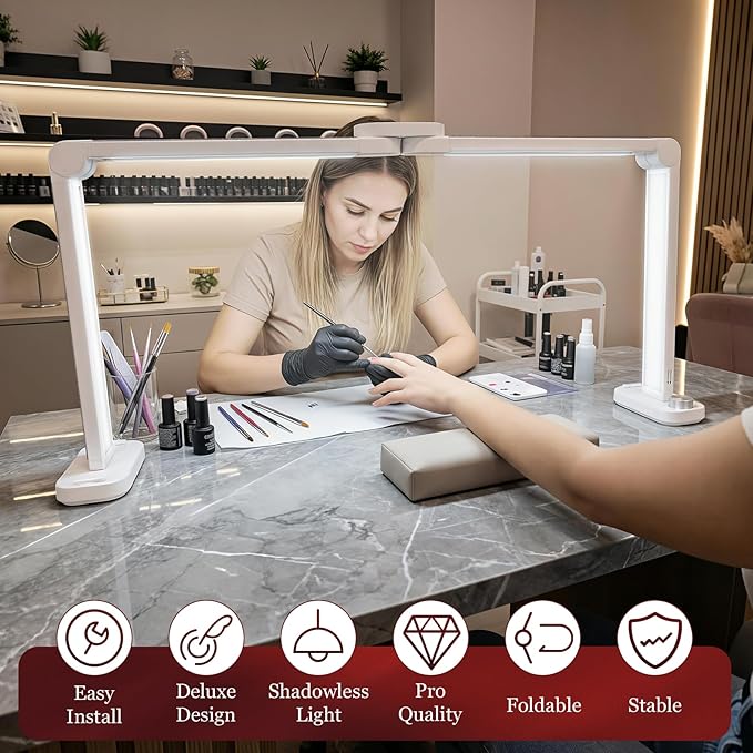 34in Nail Light for Desk Foldable Large Half Moon Lamp Suitable for Nail Tech Beauty Manicure Eyelash Extension Tattoo Eyebrows Crafts Stepless Brightness with 3 Color Modes Infinitely Knob