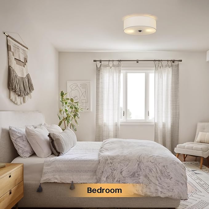 Flush Mount Ceiling Light Fixture, 13" Close to Ceiling Light with White Fabric Linen Drum Shade, 2-Light Modern Round Ceiling Light for Bedroom Hallway Dining Kitchen