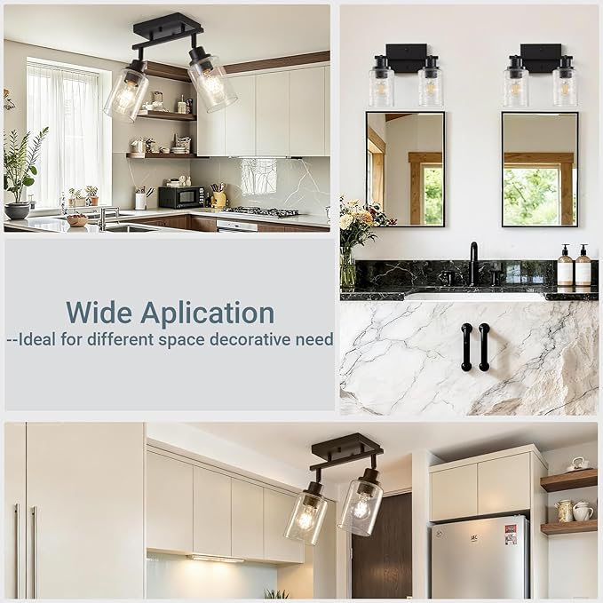 LOUSACE 2 Light Kitchen Track Lighting Fixtures Ceiling Black, Above Sink Light Fixture Kitchen with Rotatable E26 Heads & Seeded Glass Shade, Modern Bathroom Vanity Light Ceiling & Wall Mount