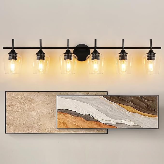 Bathroom Vanity Light Fixtures, Bathroom 6-Lights Over Mirror Modern Vanity Lighting with Clear Wine Glass Shade Wall Lamp for Bedroom Hallway Living Room (Black, 6-Light)