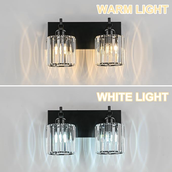 Black Crystal Bathroom Vanity Lights, Modern 2-Lights Bathroom Lighting Fixtures Over Mirror, Crystal Wall Lighting with Round Shade