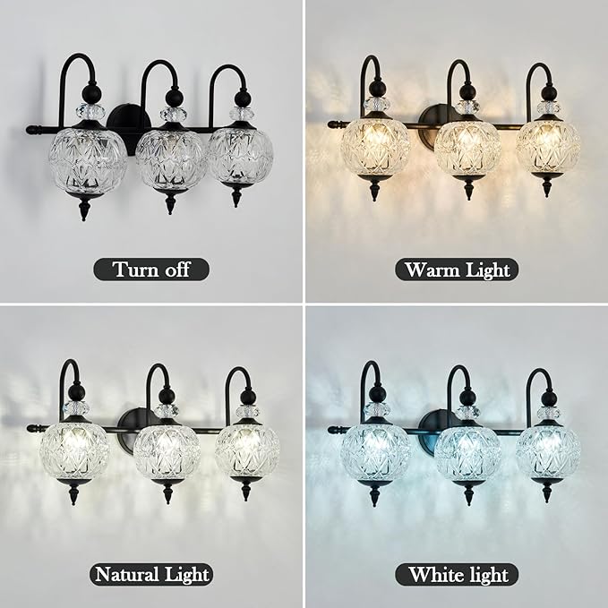 Piepooye Vintage Bathroom Light Fixtures Black Vanity Light with Glass Globe LampShade 3 Lights Mid Century G9 Bulb Wall Sconce Indoor Vanity Light Over Mirror for Kitchen Bedroom Farmhouse
