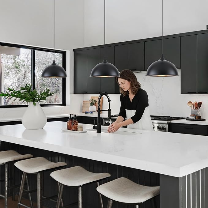 9.8 inch Farmhouse Pendant Lights Kitchen Island 3 Pack, Matte Black Dome Pendant Lights, Industrial Kitchen Pendant Lighting, Island Lights for Kitchen, Dining Room