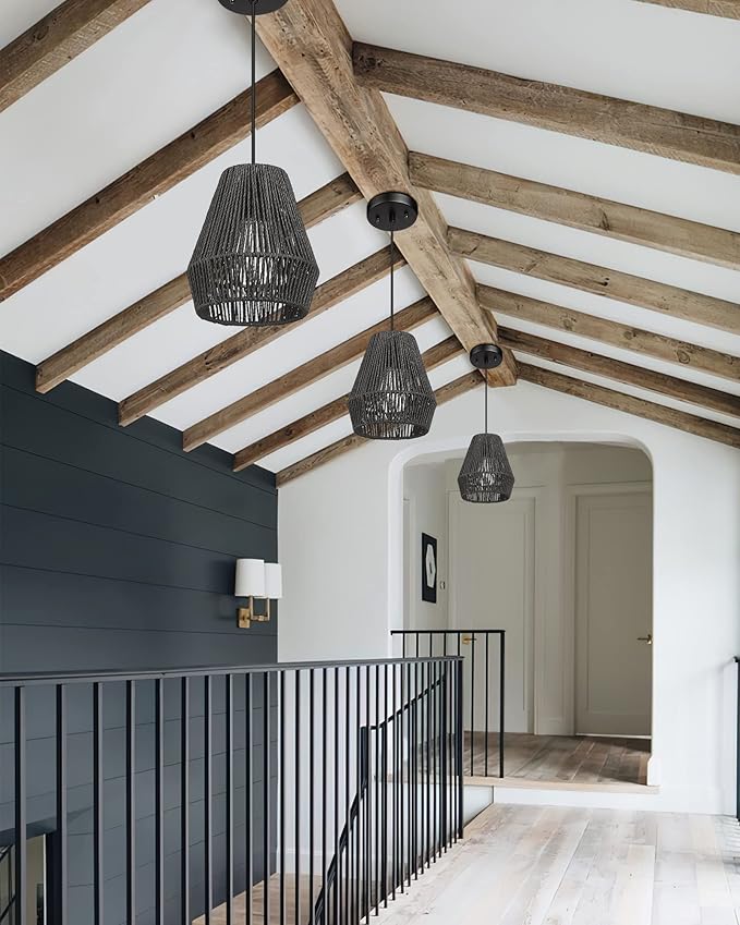 ELYONA Modern Woven Pendant Light Fixtures, 7" Farmhouse Coastal Hanging Lamp, Matte Black Handwoven Rattan Basket Shade, Boho Pendant Light for Kitchen Island Bar,Dining Room, Bedroom,Hallway 3 Pack