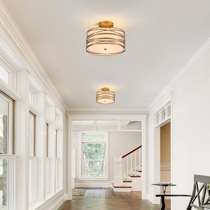 Drum Semi Flush Mount Ceiling Light Fixture, Gold Matal & Linen Fabric Shade Ceiling Light, Modern Farmhouse Close to Ceiling Light for Bedroom, Hallway, Entryway, Dining Room, Laundry Room