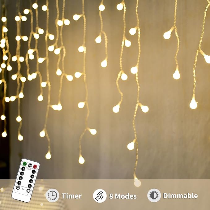 YOLIGHT Fairy Curtain Lights, USB/Battery Powered Ball Icicle Light 13ft 96 LED Globe String Hanging Lights for Bedroom Dorm Wedding Party Christmas Decoration (Warm White (Remote))
