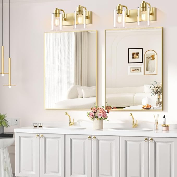 Dpyrrhic Gold Bathroom Light Fixtures,2-Light Bathroom Lights Over Mirror with Clear Glass Shade,Gold Light Fxiture Wall Sconces for Kitchen Living Room Bedroom