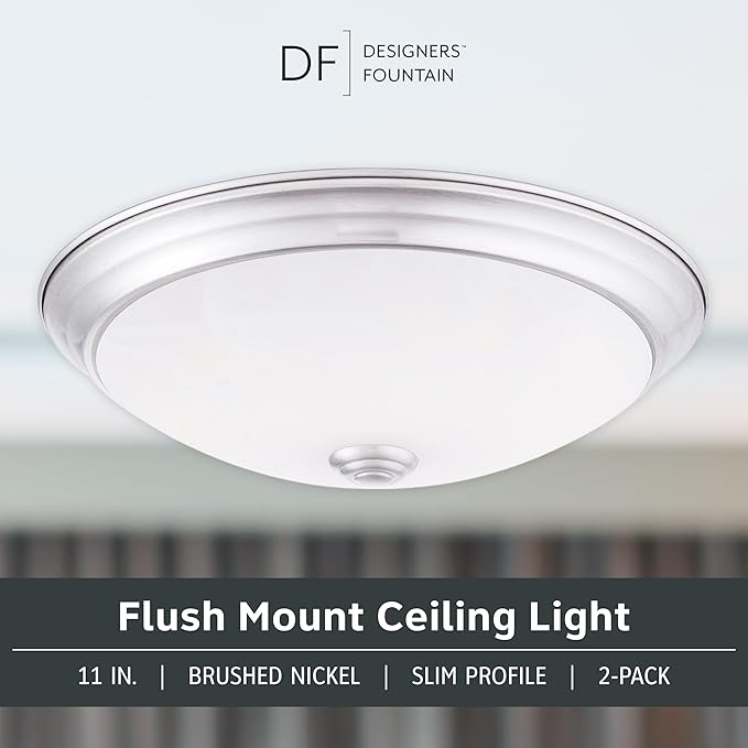 Designers Fountain 11 Inch Integrated LED Flush Mount Ceiling Light, 2-Pack, Alabaster White Glass Fixture for Kitchen, Bedroom, Bathroom, Hallway, Silver Finish, Energy Efficient, EVLED502C-35-2