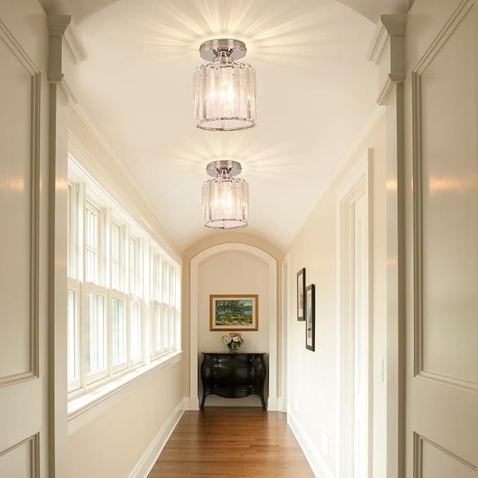 FRIXCHUR Small Chandelier Crystal Ceiling Light Semi Flush Mount Ceiling Lighting Fixture Modern Crystal Ceiling Light for Hallway Kitchen Island Dining Room Bedroom E26 Base Chrome