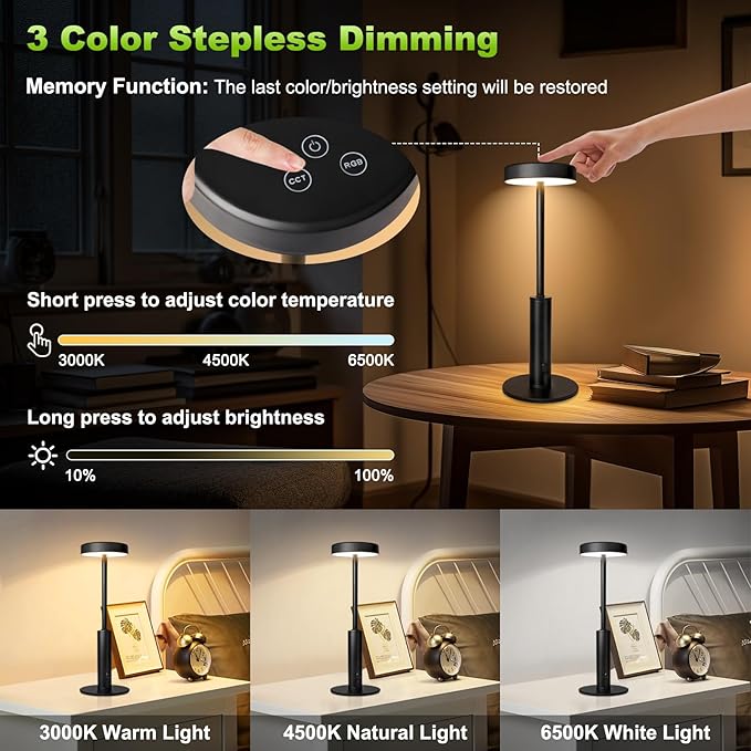 Wowag Small Cordless Table Lamps Rechargeable,5000mAh Battery Operated Portable Desk Lamp,3 Colors & RGB Stepless Dimmable Wireless Touch Lamps for Restaurant Home Dinner Dining Patio(Black)