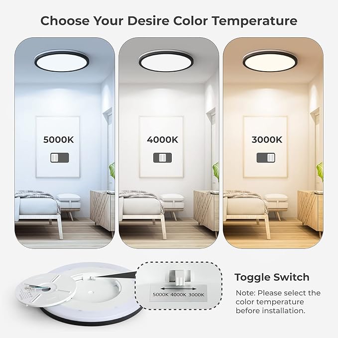 Matane 2Pack LED Flush Mount Ceiling Light Fixture with Night Light, 12inch 24W 2400LM 3000K/4000K/5000K Selectable, Dimmable LED Ceiling Lights for Bedroom, Dining Room, Kitchen, Round Black