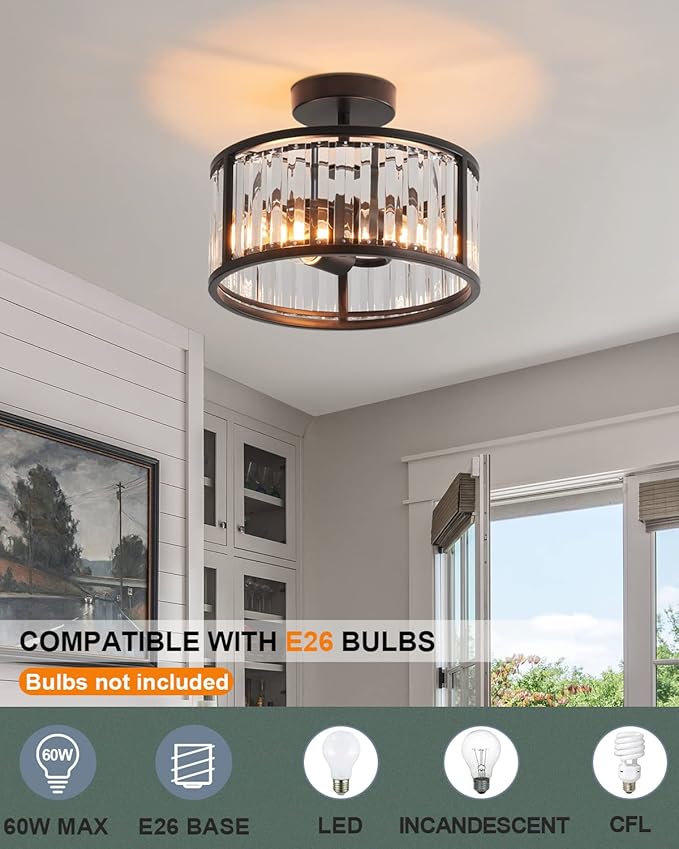 Black Flush Mount Ceiling Light, 2- Light Caged Crystal Chandelier, Small Drum Hallway Light fixtures Ceiling Mount (Black)