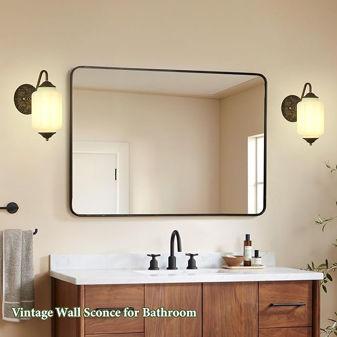 Vintage Milk Glass Wall Sconce - Green Dimmable Indoor Wall Lighting with Bulb - Antique Embossed Brass Gold Sconces - Mid Century Vanity Light Fixture for Bathroom Bedroom Living Room Hallway Decor