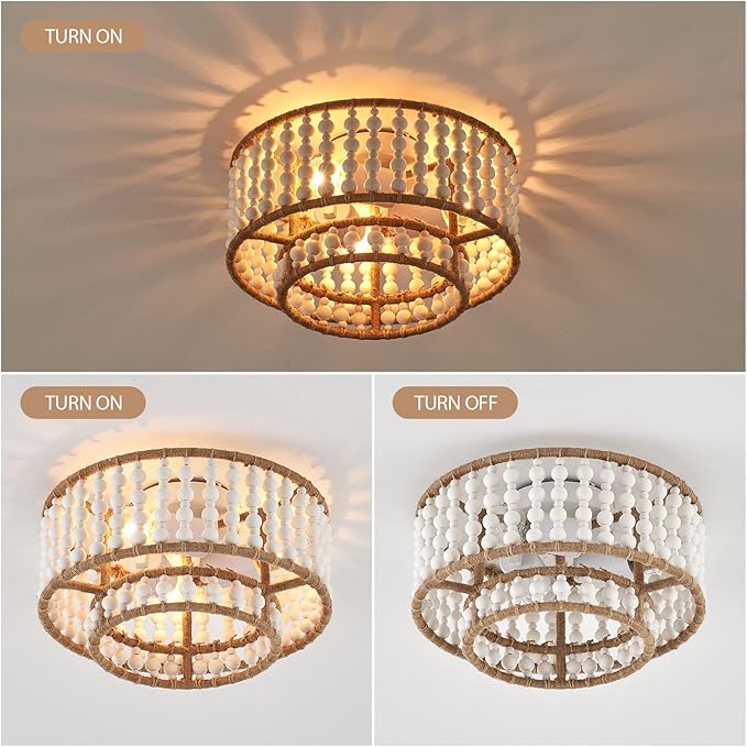 Boho Flush Mount Light Fixture Farmhouse, 3-Light Rustic Hallway Lights, Small White Bead Chandelier for Kitchen Entryway Laundry Nursery