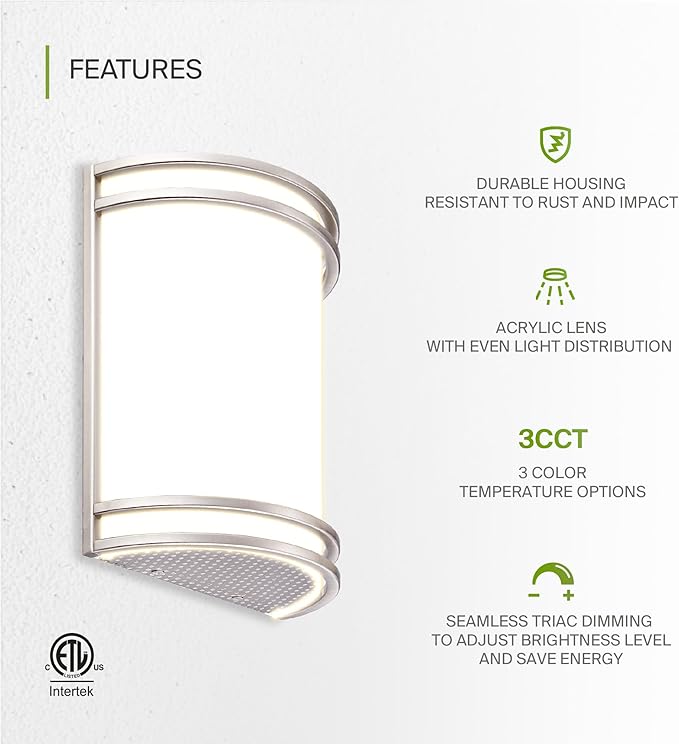 ASD LED Indoor Wall Mount Light Fixture - 10 Inch 15W Modern Interior Brushed Nickel Dimmable Wall Sconce Light - ETL 3000K 4000K 5000K Adjustable - Hallway, Bedroom LED Wall Lights, 2 Pack