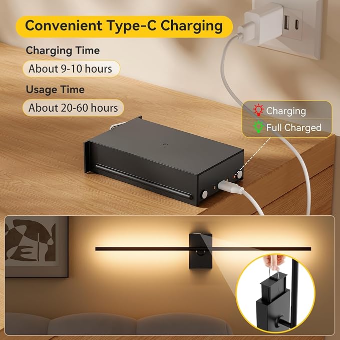 Ouyulong Battery Operated Wall Sconces Set of 2, 10000mAh Wireless Rechargeable 3000-6000K Dimmable 350° Rotate Wall Light with Remote for Living Room, Bedroom 31.6in Black