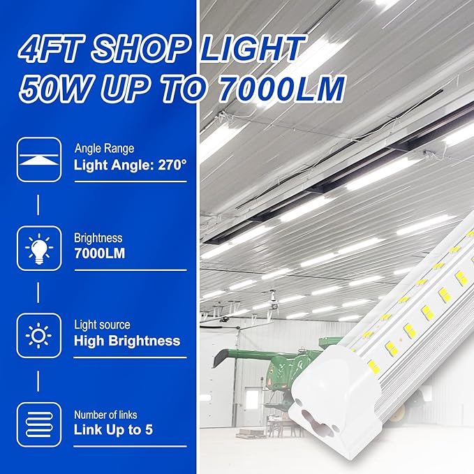 Led Shop Lights, 4FT LED Light 50W 6500K 7000LM Daylight,Led Garage Light,Linkable Clear Cover Integrated V-Shape for Garage Warehouse Workbench Workshop(4-Pack)