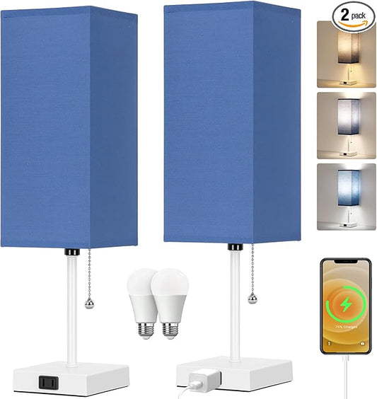 18'' Table Lamp for Bedroom set of 2,3-Color Bedside Lamps with Pull Chain Table Lamps for Night stands ,Small Night Light Lamps with 2 Bulbs Lamps for Living Room Kids Room Office Decor（Blue+White）