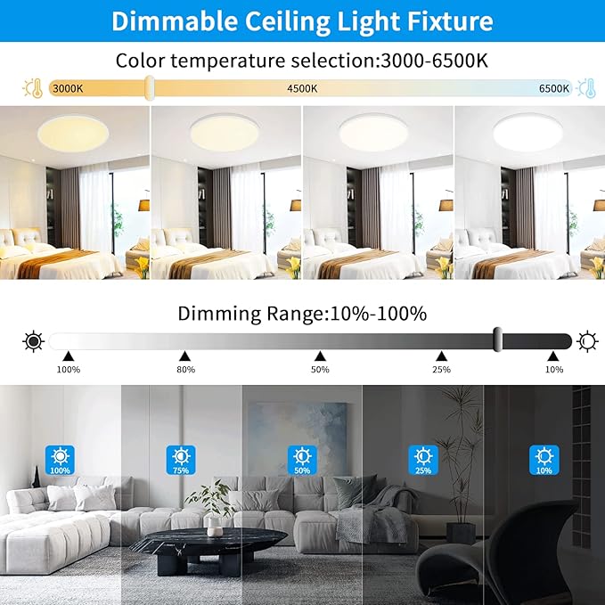 20 Inch Large LED Flush Mount Ceiling Light Fixtures - 48W Dimmable Kitchen Ceiling Light with Remote, 4800lm, 3000K/4500K/6000K Adjustable LED Ceiling Lamp for Bedroom, White
