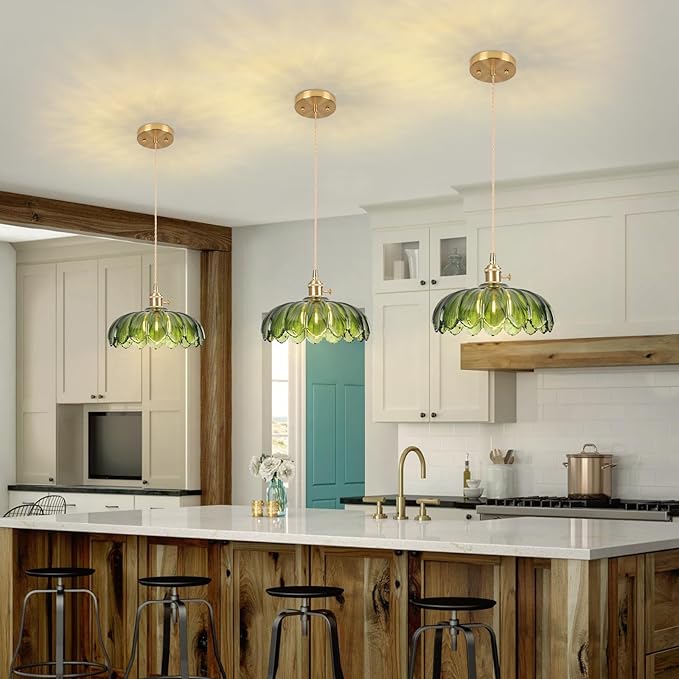 Pendant Lights Kitchen Island,Green Glass Vintage Light Fixtures,9.8inch E26 Adjustable Hanging Light Flower Finish Ceiling Hanging Lamp for Bedroom Living Room Hallway 1 Light