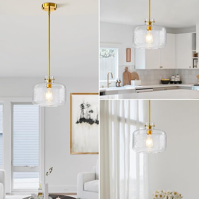 WILON Glass Pendant Lights Kitchen Island, 9.84'' Brass Gold Pendant Lighting Fixtures, Modern Hanging Ceiling Light with Clear Hammered Glass Shade for Farmhouse Dining Room Bedroom Hallway(Brass)