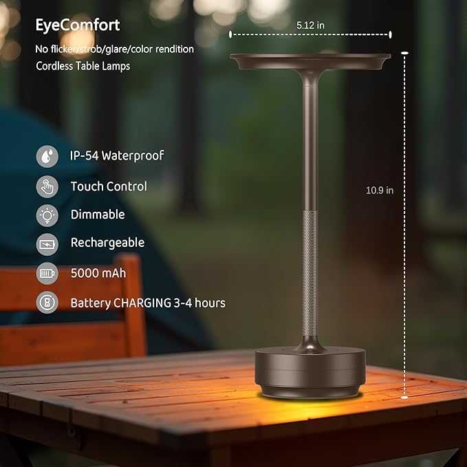 UdoUto Cordless Table Lamp Rechargeable - 5000mAh Battery Operated LED Table Light with Touch Stepless Dimming - Portable Coffee Metal Outdoor Lamp for Patio, Restaurant, Living Room