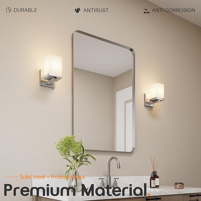 Bathroom Lighting Fixtures Brushed Nickel Vanity Lights with White Frosted Glass Shade, Wall Lamps Over Mirror for Bedroom Porch, 2 Pack T003BR-L1-P2