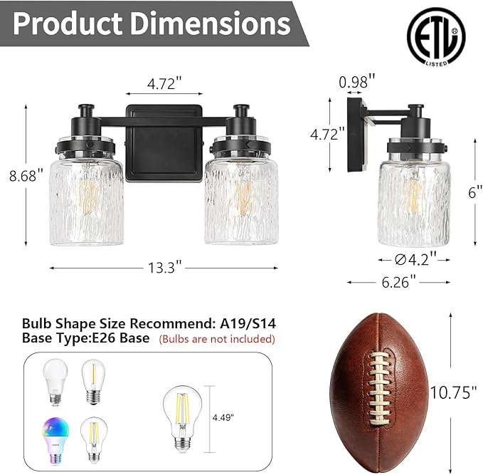 2 Lights Bathroom Light Fixtures Farmhouse Black Vanity Lights for Bathroom Lighting Fixtures Over Mirror with Hammered Glass Lampshade for Cabinet Mirror Bedroom Hallway