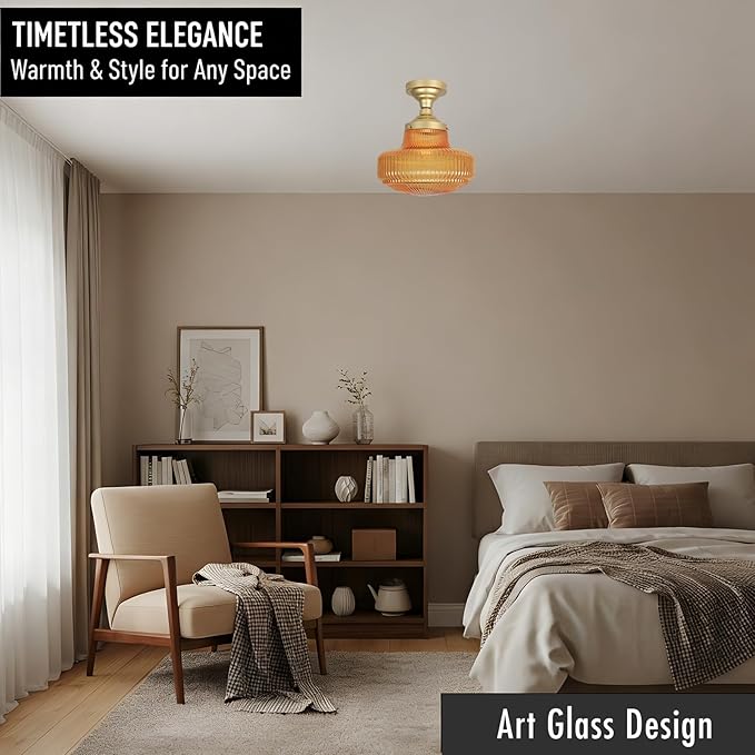 CLAXY Gold Ceiling Light Amber Glass Shade-Vintage Schoolhouse Light Fixture Semi-Flush Mount Dimmable for for Living Room/Bedroom/Dining Room/Kitchen