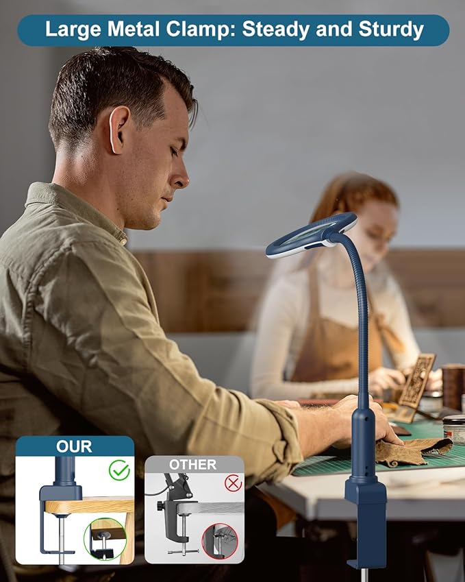 10X Magnifying Glass with Light and Stand, LED 5 Color Modes, Brightness Stepless Dimming Lighted Magnifier Hands Free, Flexible Gooseneck Desk Lamp with Clamp for Close Works, Crafts, Hobby - Blue