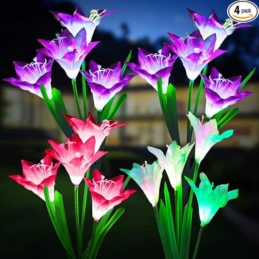 LETMY Solar Garden Lights, 4 Pack Solar Flower Lights with 4 Head Bigger Lily Lights, IP65 Waterproof Solar Lights Outdoor, Decorative Lights for Garden, Patio, Yard, Flower Bed