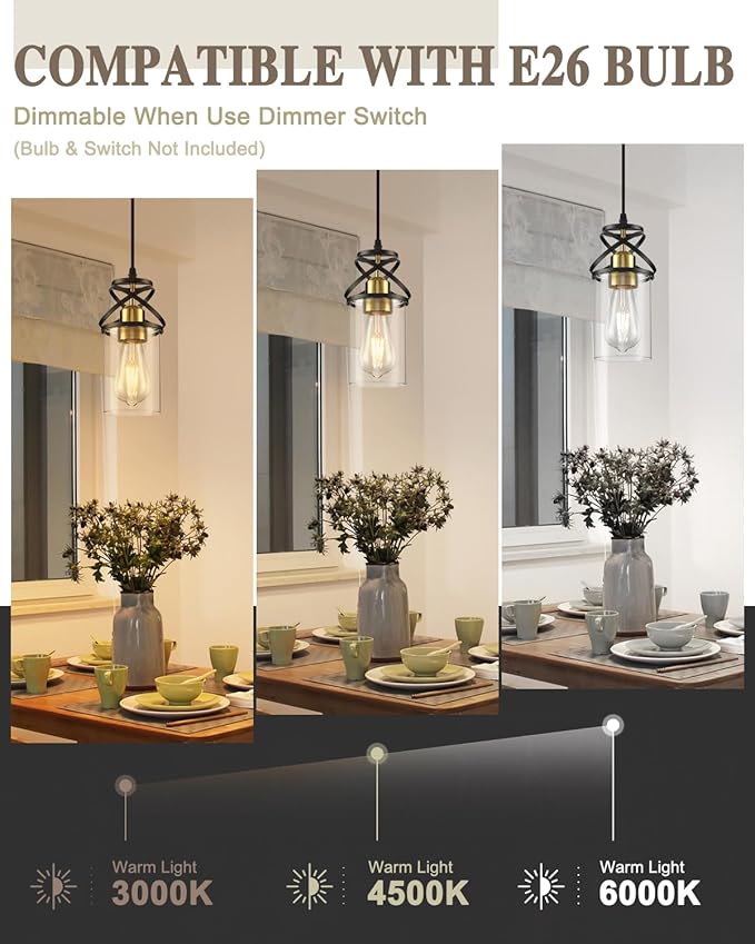 Modern Pendant Light Fixture, Black Gold Farmhouse Hanging Light for Kitchen Island, Industrial Clear Glass Pendant Lighting for Dining Room Bedroom, 3-Pack