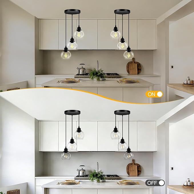 3-Light Pendant Light, Hanging Ceiling Lamp with Clear Glass Shade, Matte Black Pendant Lighting Adjustable Height Industrial Retro Style Hanging Light, for Kitchen Island Bedroom(E26 Base,No Bulb)