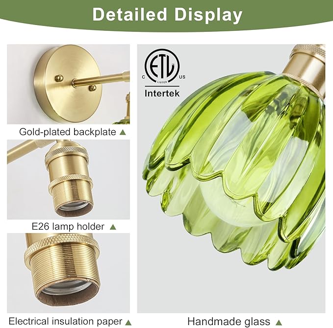 Hardwired Wall Sconces Set of Two, Vintage Wall Lights with Green Tulip Glass Lampshade, Gold Wall Lamps for Bedroom Bedside Stairway Bathroom Living Room (Bulbs Not Included, Not Battery Powered)