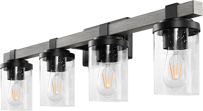 JONATHAN Y 32" Black/Gray Oak Wood Finish LED Vanity Light, Rustic Farmhouse Sconce, Clear Seeded Glass Shade, Industrial Wall Lamp for Bathroom Mirror, Kitchen Sink, LED Bulb (JYL7510B)