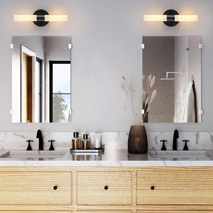 KUZZULL Wall Sconces Set of Two Matte Black Bathroom Wall Sconce Light Set of 2 Modern Wall Light Fixtures Metal Sconces Wall Lighting with White Glass Shade Wall Mounted Lamp for Living Room