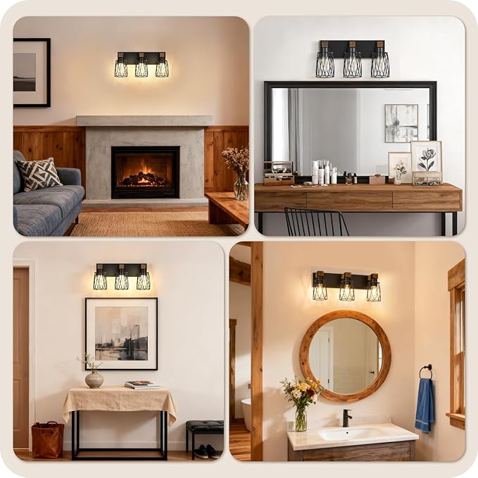 Industrial Farmhouse Bathroom Vanity Light, 3-Light Wood and Metal Wall Light Fixture, E26 Bulbs Not Included, for Bathroom, Vanity, Hallway, Black and Rustic Brown B19BD05