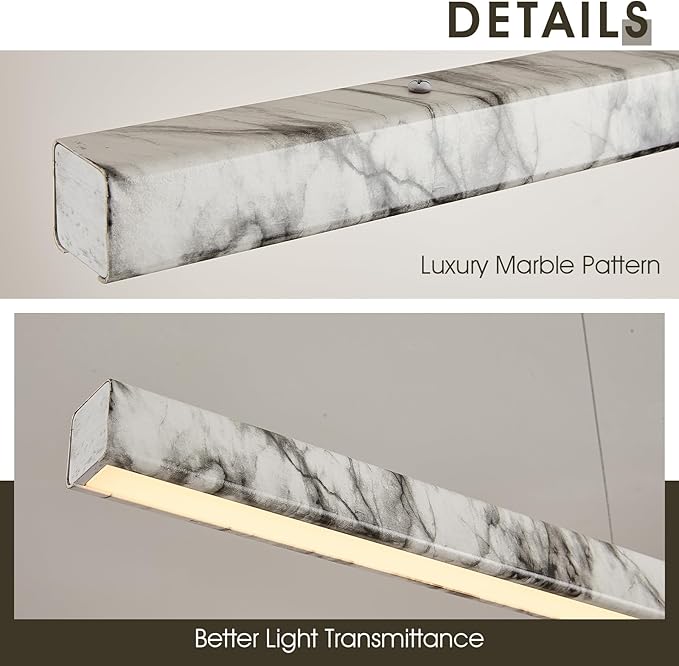 39” Linear Pendant Lights for Kitchen Island, Modern LED Chandelier for Dining Room, Dimmable Hanging Light Fixture with Remote for Office Pool Table, Marble Pattern