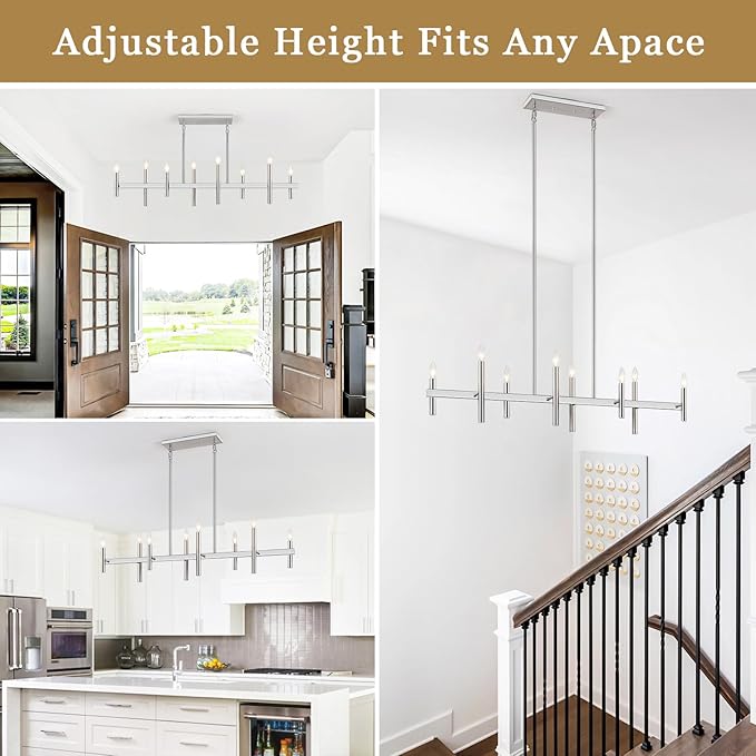 47” Brushed Nickel Chandelier Kitchen Island Lighting 8-Light Modern Pendant Light Fixtures Contemporary Linear Chandeliers for Dining Room Over Table Hanging Light for Living Room Bar Pool Table