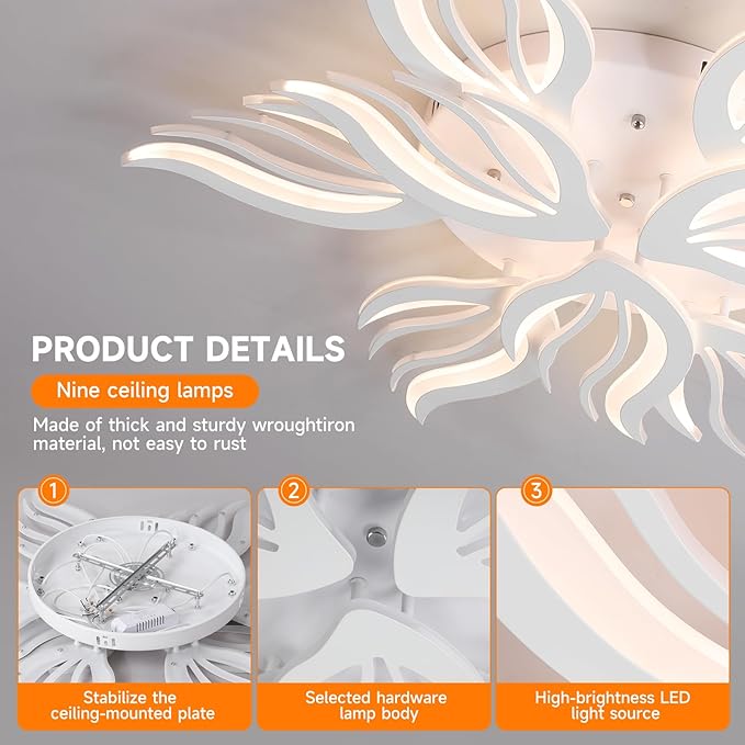 Becailyer Modren LED Ceiling Light, 75W Flower Shape Ceiling Lamp, 33.4" Dimmable Flush Mount Ceiling Lighting Fixtures, 9-Petals Close to Ceiling Light for Living Room Dining Room Bedroom, White