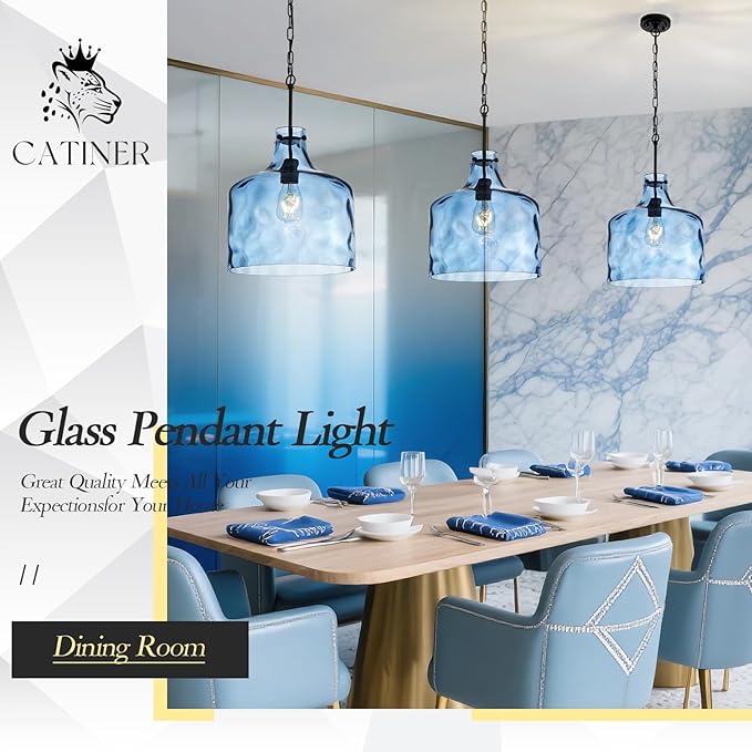 CATINER 16" Extra Large Farmhouse Pendant Light – Hand-Blown Blue Hammered Glass Shade, Black Finish, Adjustable Chain Hanging Light Fixture for Kitchen Island, Dining Room, Hallway