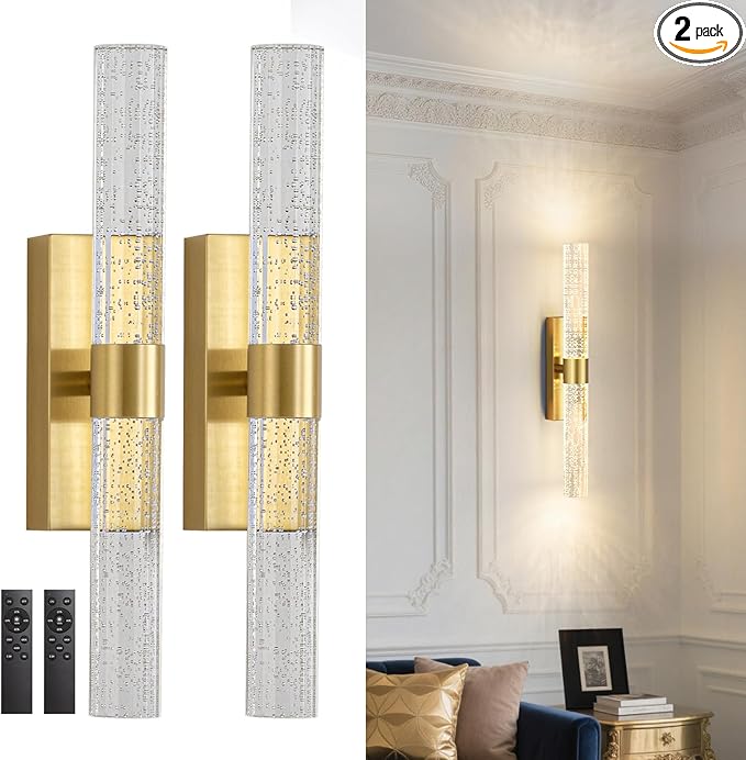 Battery Operated Wall Sconces Set of 2, 10000mAh Gold Rechargeable Wall Lights with Remote, Dimmable Wireless Wall Lamp for Bedroom, Living Room, Hallway, 15.7- Inch