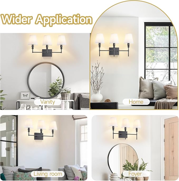 Vanity Lights For Bathroom,23.6 In Black Bathroom Light Fixtures Over Mirror,Vintage 3-Light Vanity Light With Flared White Fabric Lampshade For Bedroom,Hardwired Hallway Sconce Light,E12 Base