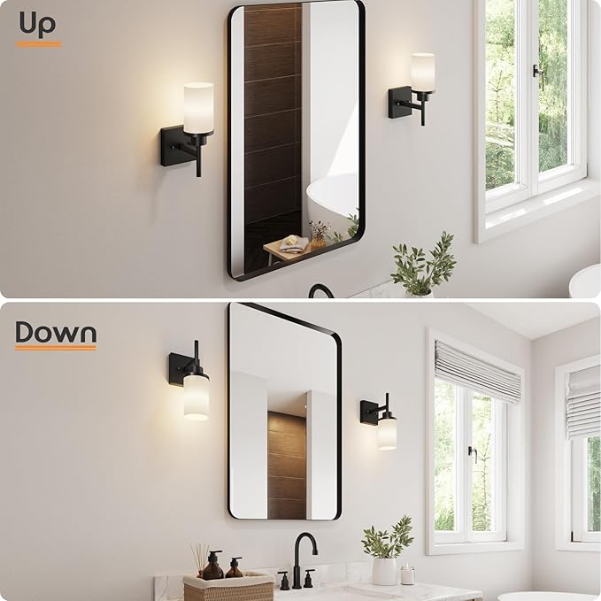Wall Light Fixtures Matte Black Bathroom Vanity Lights Over Mirror with White Frosted Glass Shade, Wall Lamps for Porch Entrance, 2 Pack T001MB-L1-P2