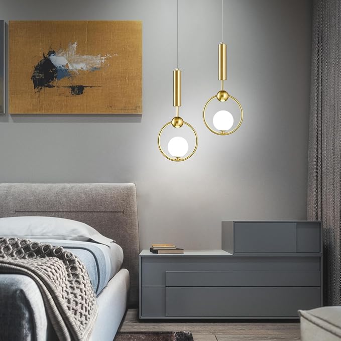 Modern Globe Glass Pendant Light fixtures 1-Light, Simplicity Gold Pendant Lighting, Mid Century Chandelier for Kitchen Island Dining Room Bedroom Entryway Hallway(2-Pack)