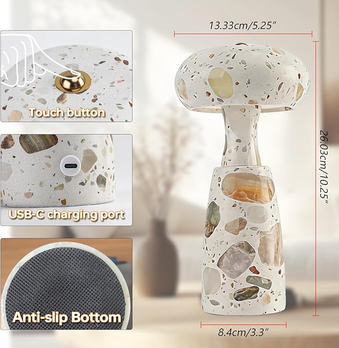 Natural Marble Table Lamp, Three-Color Temperature Dimmable LED Stone Table Lamp, Dining Room Bedroom Ambiance Decorative Light. Suitable for bedrooms, Living Rooms, Bedside Tables, and Side Tables